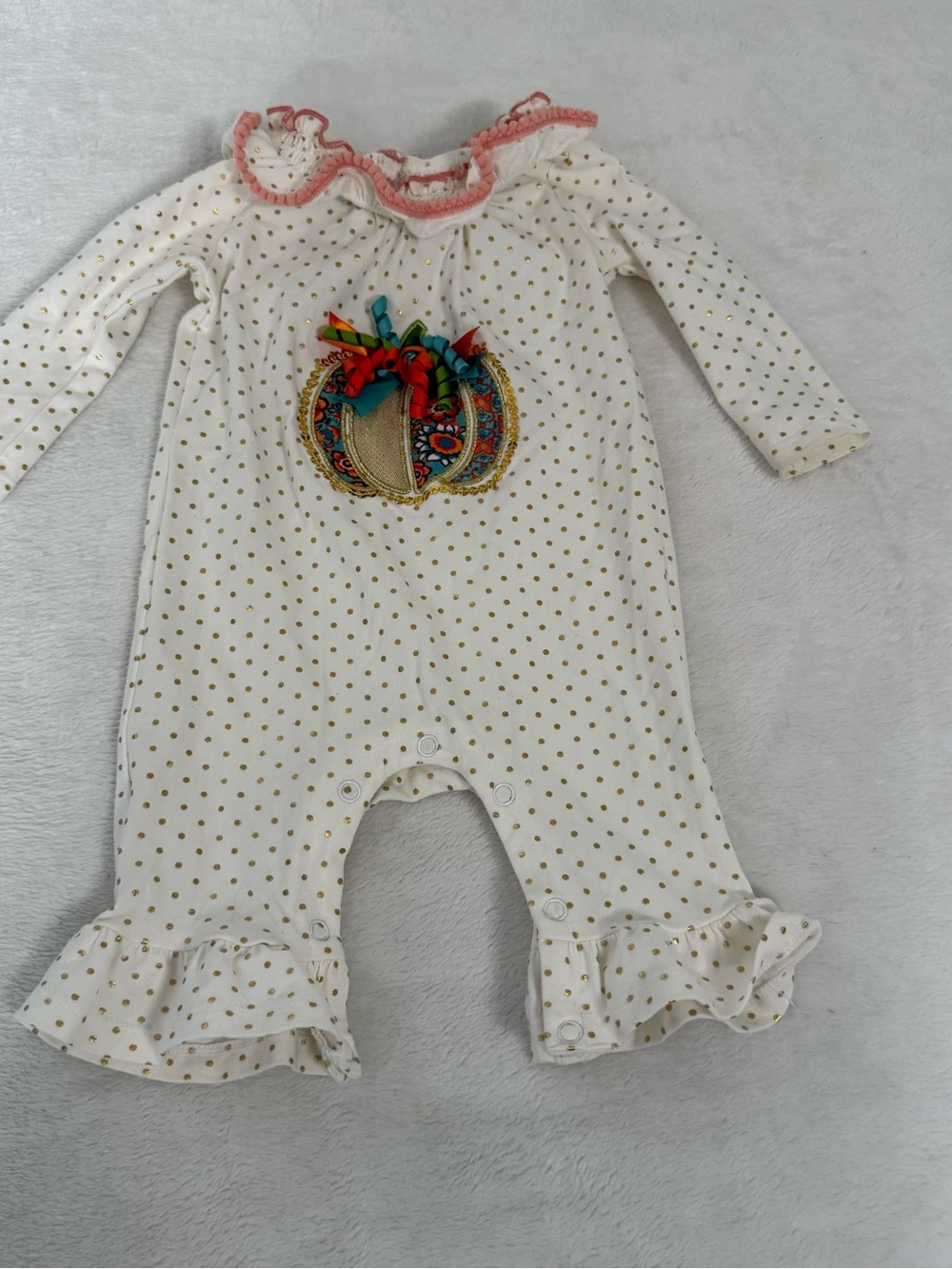 Bonnie Baby Girls 3-6M Thanksgiving Pumpkin Romper Gold Polka Dot Ruffle